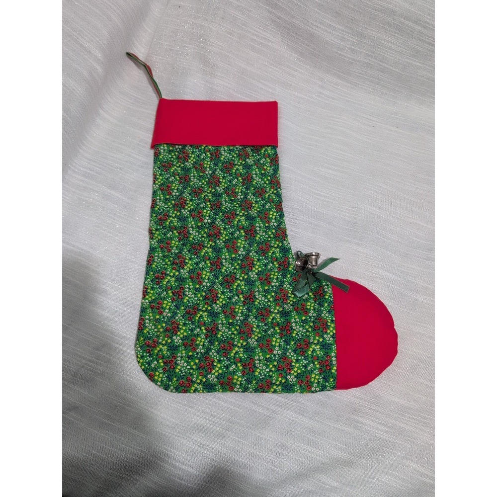 Vintage Handmade‎ Quilted Christmas Stocking Green Red Gingham Lining  W/Bells